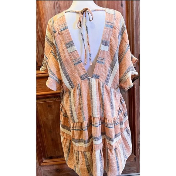 Lulus Striped Double V-Neck Tiered Mini Dress - Dusty Orange - Size XS* WD25 - Picture 2 of 12
